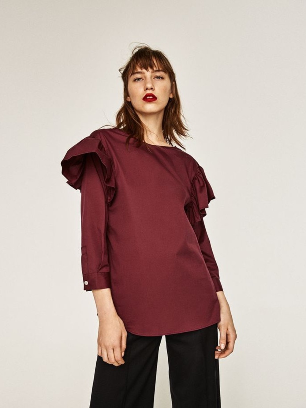 Zara Burgundy Ruffle Sleeve Solid Blouse Cotton Blend